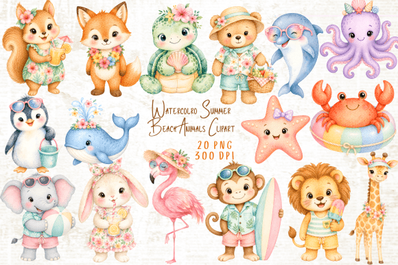Download Watercolor Summer Beach Animals Clipart - Clipart Collection