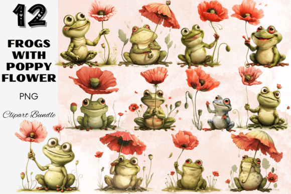 Download Frogs with Poppy Flower Clipart Bundle - Clipart Collection
