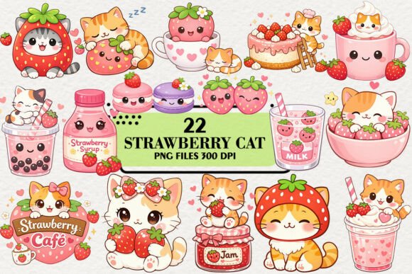 Download Kawaii Strawberry Cat Clipart Bundle - Clipart Collection