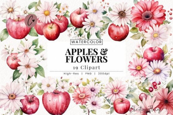 Download Watercolor Apples &amp; Flowers Clipart - Clipart Collection