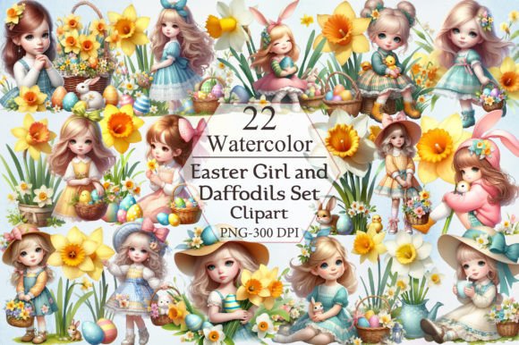 Download Easter Girl and Daffodils Set Clipart - Clipart Collection