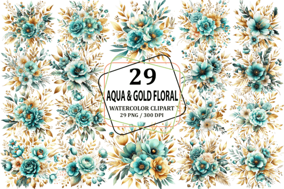 Download Aqua &amp; Gold Floral Bouquet Clipart PNG - Clipart Collection