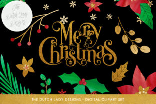 Download Christmas Floral Clipart Set - Flowers, Branches, Leafs, Text & Snowflake Confetti - Red, Green, Gold - Clipart Collection