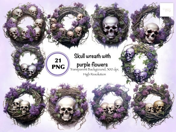 Download Skull Wreath with Purple Flowers Clipart - Clipart Collection
