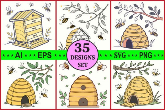 Download Beehive Clipart Set | Honey Bee Vector - Beehive clipart Collection
