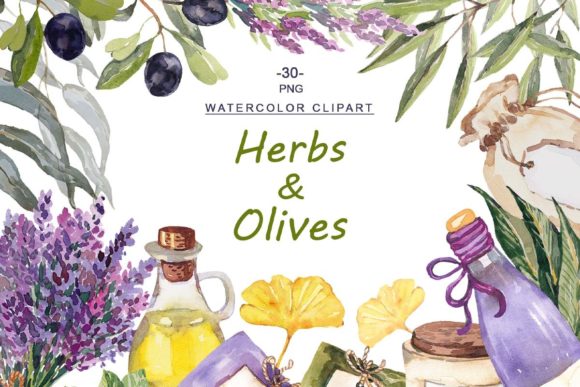 Download Watercolor Herbs and Olives Clipart - Clipart Collection