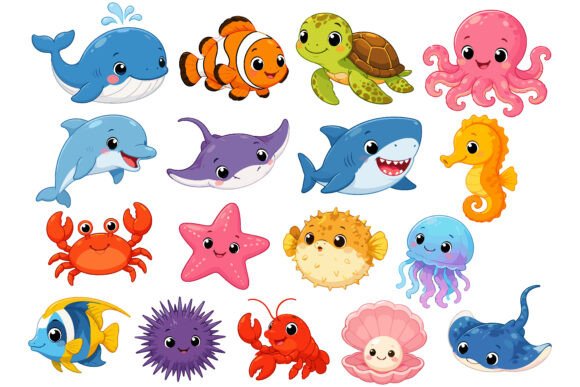 Download Cute Kawaii Sea Animals Clipart Set - Clipart Collection