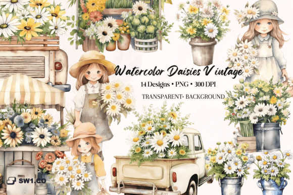 Download Watercolor Vintage Girl Daisies Clipart - Clipart Collection