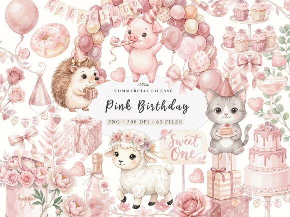 Download Watercolor Pink Birthday Clipart Bundle - Clipart Collection