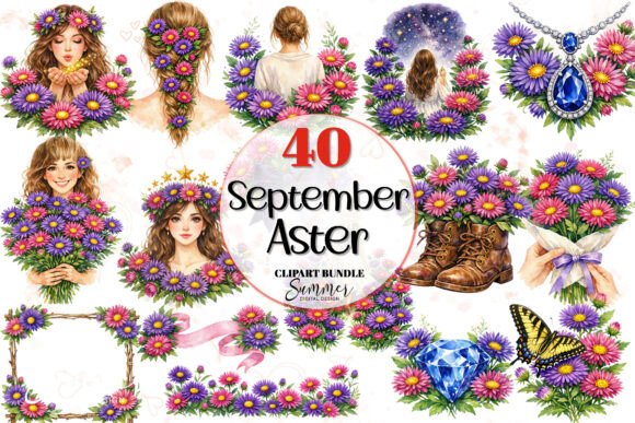 Download September Aster Romantic Clipart Bundle - Clipart Collection