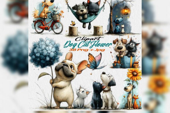Download Whimsical Dog Cat Flower Clipart PNG Set - Clipart Collection
