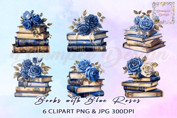 Download Books with Blue Roses Watercolor Clipart - Clipart Collection