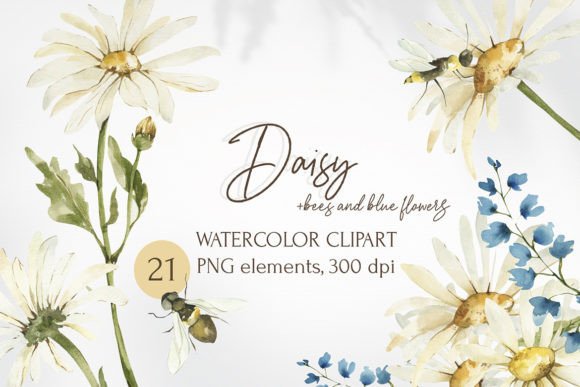 Download Watercolor Daisy and Bees Clipart. - Clipart Collection