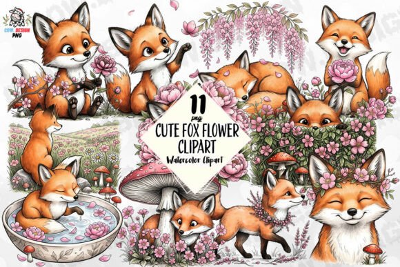 Download Cute Fox Flower Clipart PNG - Clipart Collection