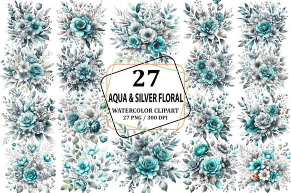 Download Aqua &amp; Silver Floral Bouquet Clipart PNG - Clipart Collection
