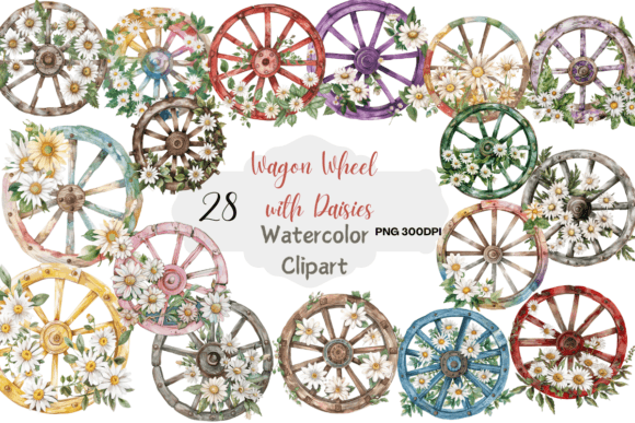 Download Vintage Wagon Wheel with Daisies Clipart - Clipart Collection