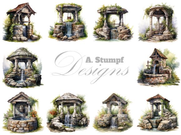 Download Stone Well in Summer Garden Clipart Set - Clipart Collection