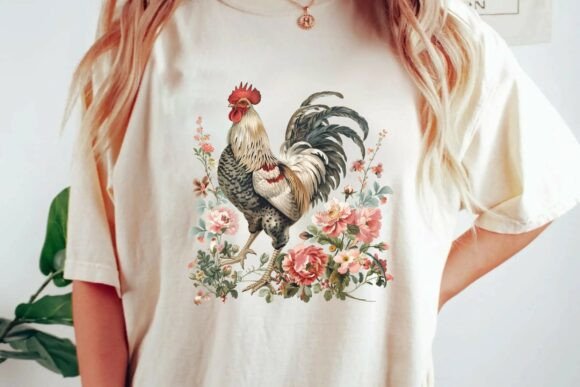 Download Vintage Rooster Floral Botanical Illustration Farmhouse Decor Clipart Png - Clipart Collection
