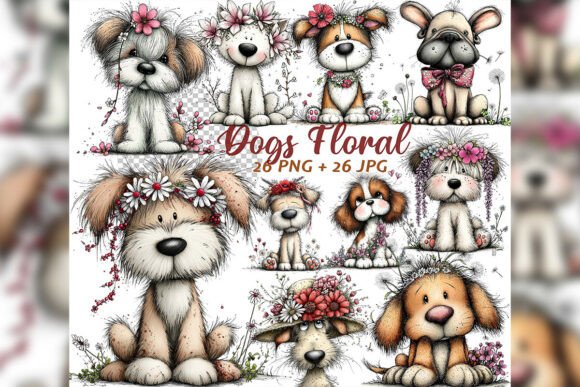 Download Whimsical Floral Dogs Spring Clipart Set - Clipart Collection