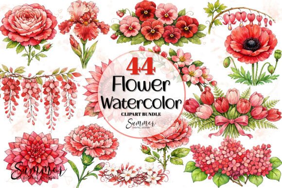 Download Watercolor Red Pink Flower Clipart Set - Clipart Collection