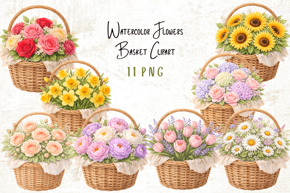 Download Watercolor Flowers Basket Clipart PNG - Clipart Collection